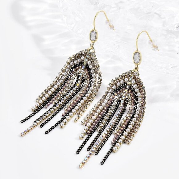 Boho Fringe Tassel Earrings for Women, Beaded CZ Pearl Dangle Wedding Jewelry - Picture 6 of 6